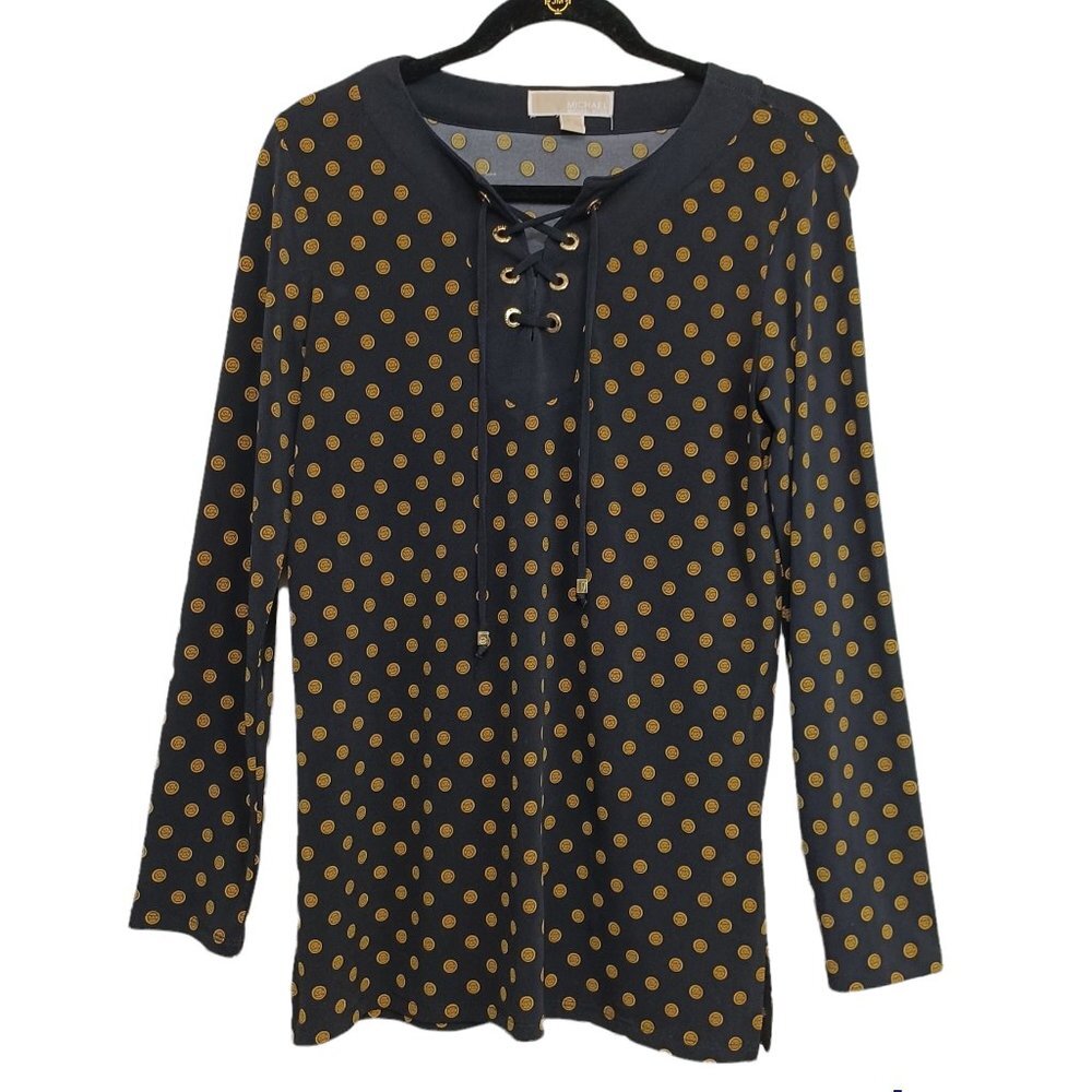 Michael Kors Tunic Top Black Tie Front‎ Medallion Logo Popover Womens Small
